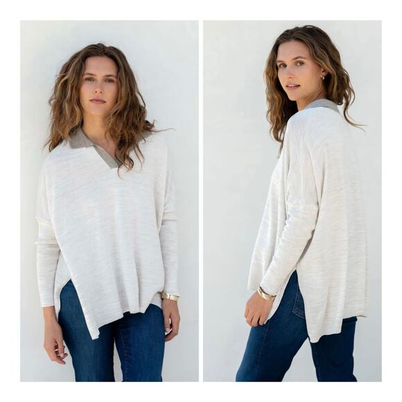Mersea Catalina Polo Oversized Relaxed V-Neck 3/4 Sleeves Side Slits Sweater OS - Picture 1 of 13